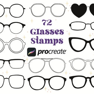 May include: 72 black and white glasses stamp designs for Procreate. The stamps feature various styles of glasses, including round, square, heart-shaped, and cat-eye.