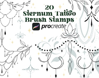 Op de afbeelding: 20 sternum tattoo penseel stempels voor Procreate. De afbeelding toont een verscheidenheid aan zwart-witte lijntekeningen, waaronder bloemmotieven, kettingen en geometrische vormen.
