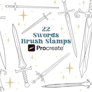 May include: A set of 22 black and white sword brush stamps for Procreate. The swords are in various styles, including long swords, short swords, and daggers. The image includes the text "22 Swords Brush Stamps Procreate".