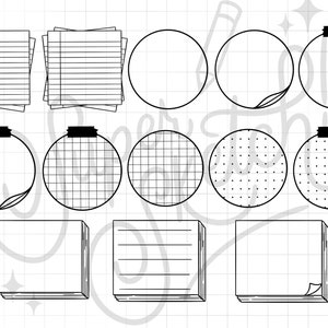 May include: A set of 10 printable planner stickers featuring different designs, including lined, grid, and dotted patterns. The stickers are black and white and have a simple, minimalist style.