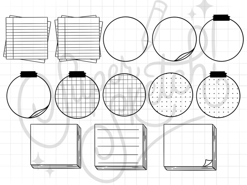 May include: A set of 10 printable planner stickers featuring different designs, including lined, grid, and dotted patterns. The stickers are black and white and have a simple, minimalist style.