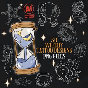 50 Witchy Tattoo Designs PNG Files | Witch Designs | Gothic Tattoo Designs | Tattoo Flash Designs