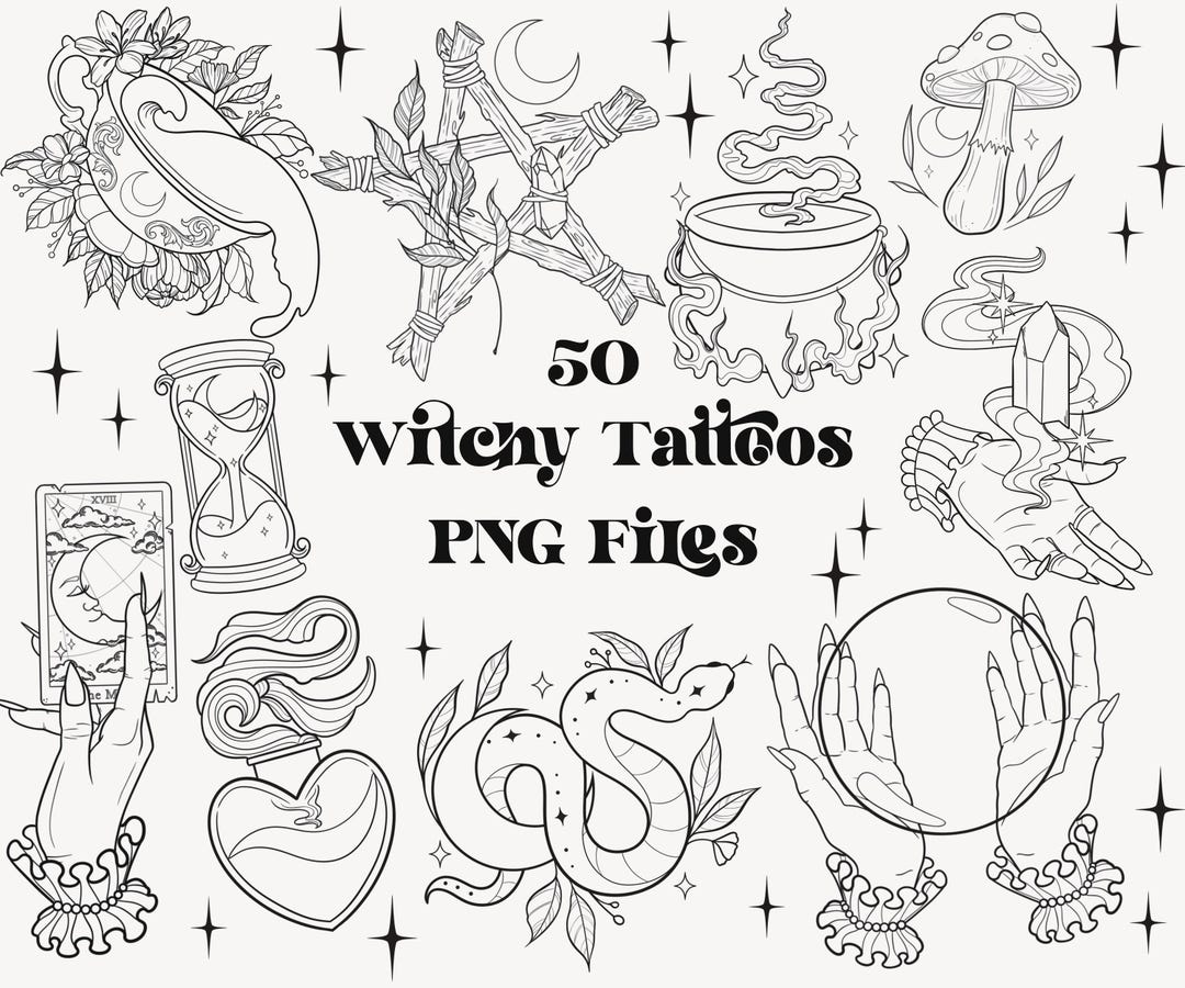 50 Witchy Tattoo Designs PNG Files | Witch Designs | Gothic Tattoo ...