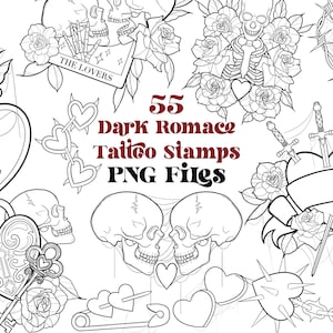 Puede incluir: Un conjunto de 55 sellos de tatuaje en blanco y negro con temas de romance oscuro. Los sellos incluyen imágenes de cráneos, corazones, rosas, llaves y otros elementos góticos. El texto "55 Dark Romance Tattoo Stamps PNG Files" está escrito en rojo y negro.