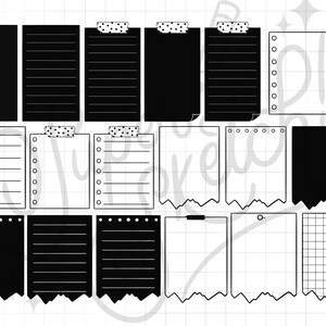 May include: A set of 14 black and white printable planner stickers featuring various note paper designs, including lined, grid, and blank options. Some stickers have a torn edge, while others have a dotted line and a piece of tape at the top.
