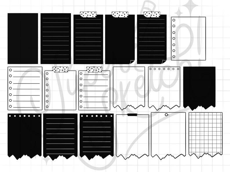 May include: A set of 14 black and white printable planner stickers featuring various note paper designs, including lined, grid, and blank options. Some stickers have a torn edge, while others have a dotted line and a piece of tape at the top.