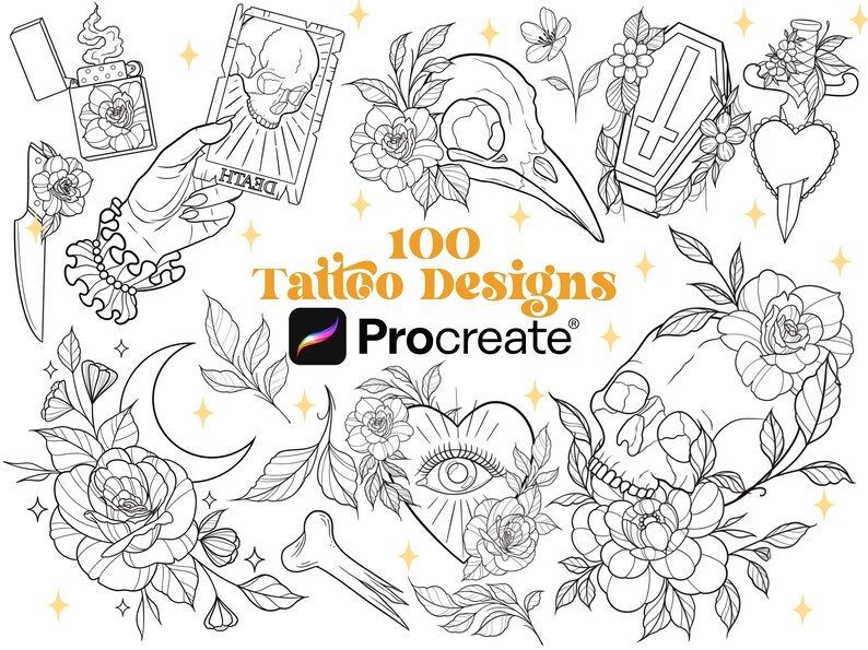 100 Dark and Gothic Tattoo Designs Procreate Tattoo Brush Set ...