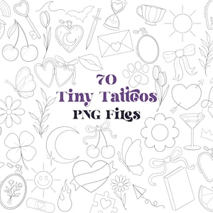 May include: A selection of 70 tiny tattoo designs in PNG files. The black and white illustrations feature a variety of objects including a heart, butterfly, flower, bow, key, and more. The text "70 Tiny Tattoos PNG Files" is displayed in the centre.