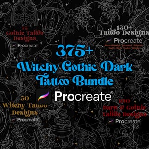 Puede incluir: Un fondo negro con dibujos de líneas blancas de varios diseños de tatuajes góticos y de brujas. El texto "375+ Witchy Gothic Dark Tattoo Bundle" está en azul y blanco. El texto "Procreate" está en azul y blanco. El texto "75 Gothic Tattoo Designs" está en blanco. El texto "150 Tattoo Designs" está en blanco. El texto "50 Witchy Tattoo Designs" está en blanco. El texto "100 Dark Gothic Tattoo Designs" está en blanco.