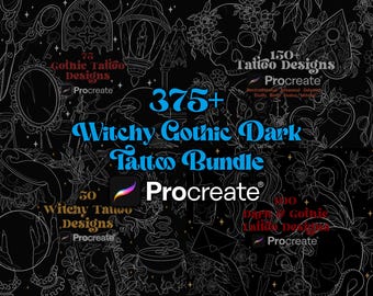 May include: A black background with white line drawings of various witchy and gothic tattoo designs. The text "375+ Witchy Gothic Dark Tattoo Bundle" is in blue and white. The text "Procreate" is in blue and white. The text "75 Gothic Tattoo Designs" is in white. The text "150 Tattoo Designs" is in white. The text "50 Witchy Tattoo Designs" is in white. The text "100 Dark Gothic Tattoo Designs" is in white.