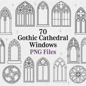 Può includere: Un'illustrazione di 70 modelli di finestre gotiche di cattedrali in formato PNG. L'immagine presenta varie finestre ad arco e rosoni circolari, tutte delineate in nero. Il testo "70 Gothic Cathedral Windows PNG Files" è visualizzato al centro.