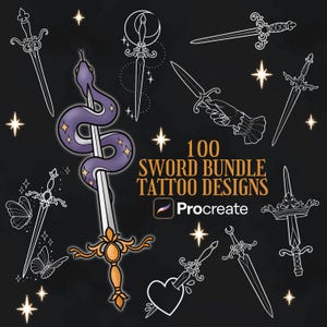 100 Schwert-Tattoo-Designs | Schwert-Procreate-Pinselstempel | Fantasy-Tattoo-Stempel | Tattoo-Vorlagen | Kommerzielle Nutzung