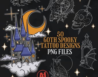 50 Goth Halloween Tattoo PNG File | Halloween Tattoo Flash | Gothic Tattoo Flash | Horror Tattoo Designs Spooky Tattoos