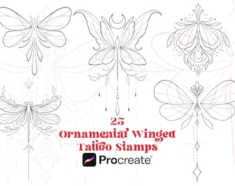 Könnte beinhalten: Ein Set mit 25 schwarzen und weißen ornamentalen geflügelten Tattoo-Stempeln für Procreate. Die Stempel zeigen verschiedene Schmetterlings- und Libellenmotive.