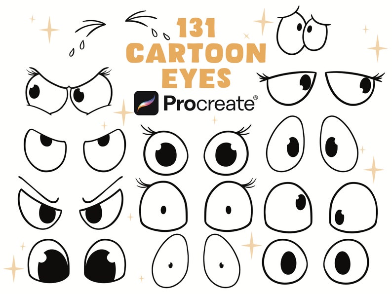 May include: A set of 131 black and white cartoon eyes in various styles and expressions. The text "131 CARTOON EYES" and "Procreate" are visible in the image.
