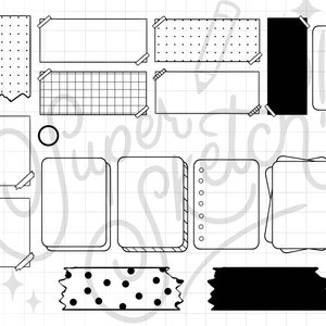 May include: A set of printable planner stickers featuring various shapes and designs, including polka dots, grid patterns, and blank spaces. The stickers are designed to be used in a planner or journal.