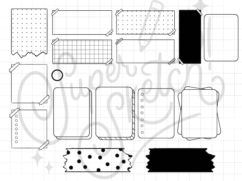 May include: A set of printable planner stickers featuring various shapes and designs, including polka dots, grid patterns, and blank spaces. The stickers are designed to be used in a planner or journal.