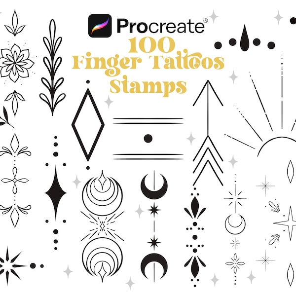 100 pinceaux de procréation pour tatouage au doigt | Tampons de tatouage ornemental | Tatouages décoratifs | Procréer des timbres | Conception de tatouage Fineline | Numérique