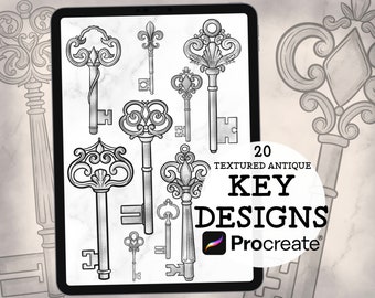 May include: 20 textured antique key designs for Procreate. The keys are drawn in black and white on a white background. The keys are ornate and detailed, with intricate designs.