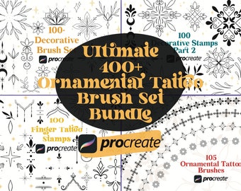 May include: A set of 400+ Procreate brushes for creating ornamental tattoo designs. The brushes are organized into four categories: Decorative Brush Set, Decorative Stamps Part 2, Finger Tattoo Stamps, and Ornamental Tattoo Brushes. The image shows a variety of brush strokes and designs, including flowers, leaves, geometric shapes, and swirls.