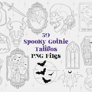 39 Spooky Gothic Tattoo PNG Files | Halloween Doodles | Skull Tattoo Designs | Flash Tattoo Set | Cricut Machine Files | Goth Tattoo Designs