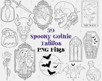 39 Spooky Gothic Tattoo PNG Files | Halloween Doodles | Skull Tattoo Designs | Flash Tattoo Set | Cricut Machine Files | Goth Tattoo Designs