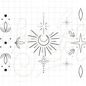Op de afbeelding: Een zwart-wit lijntekeningontwerp met drie verschillende hemelse symbolen. Het eerste symbool is een halve maan met lichtstralen die er vanaf komen. Het tweede symbool is een ster met vier punten en lichtstralen die er vanaf komen. Het derde symbool is een eenvoudige ster met vijf punten.