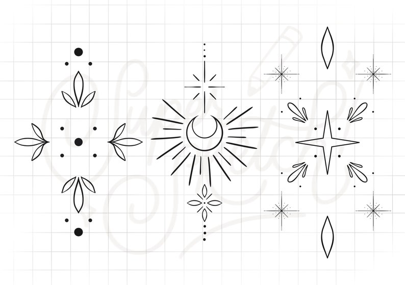 Op de afbeelding: Een zwart-wit lijntekeningontwerp met drie verschillende hemelse symbolen. Het eerste symbool is een halve maan met lichtstralen die er vanaf komen. Het tweede symbool is een ster met vier punten en lichtstralen die er vanaf komen. Het derde symbool is een eenvoudige ster met vijf punten.