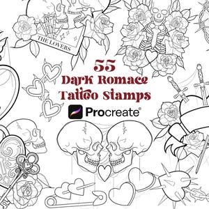 55 pinceaux de procréation Dark Romance | Timbres Procreate de la Saint-Valentin | Tampons flash tatouage Saint-Valentin foncé | Tampons gothiques Love Procreate