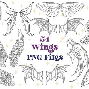 May include: A set of 54 black and white wing illustrations in PNG format. The wings are in various styles, including angel wings, fairy wings, bat wings, and butterfly wings.