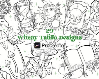 29 Witchy Tattoo Designs Procreate Pinsel | Procreate Stempel | Tattoo Procreate | Kleine Hexe Tattoo-Designs | Ornamentale Tattoos