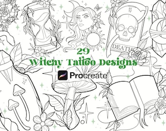 29 Witchy Tattoo Designs Procreate Brushes | Procreate Stamps | Tattoo Procreate | Witch Tattoo Flash Designs | Ornamental Tattoos
