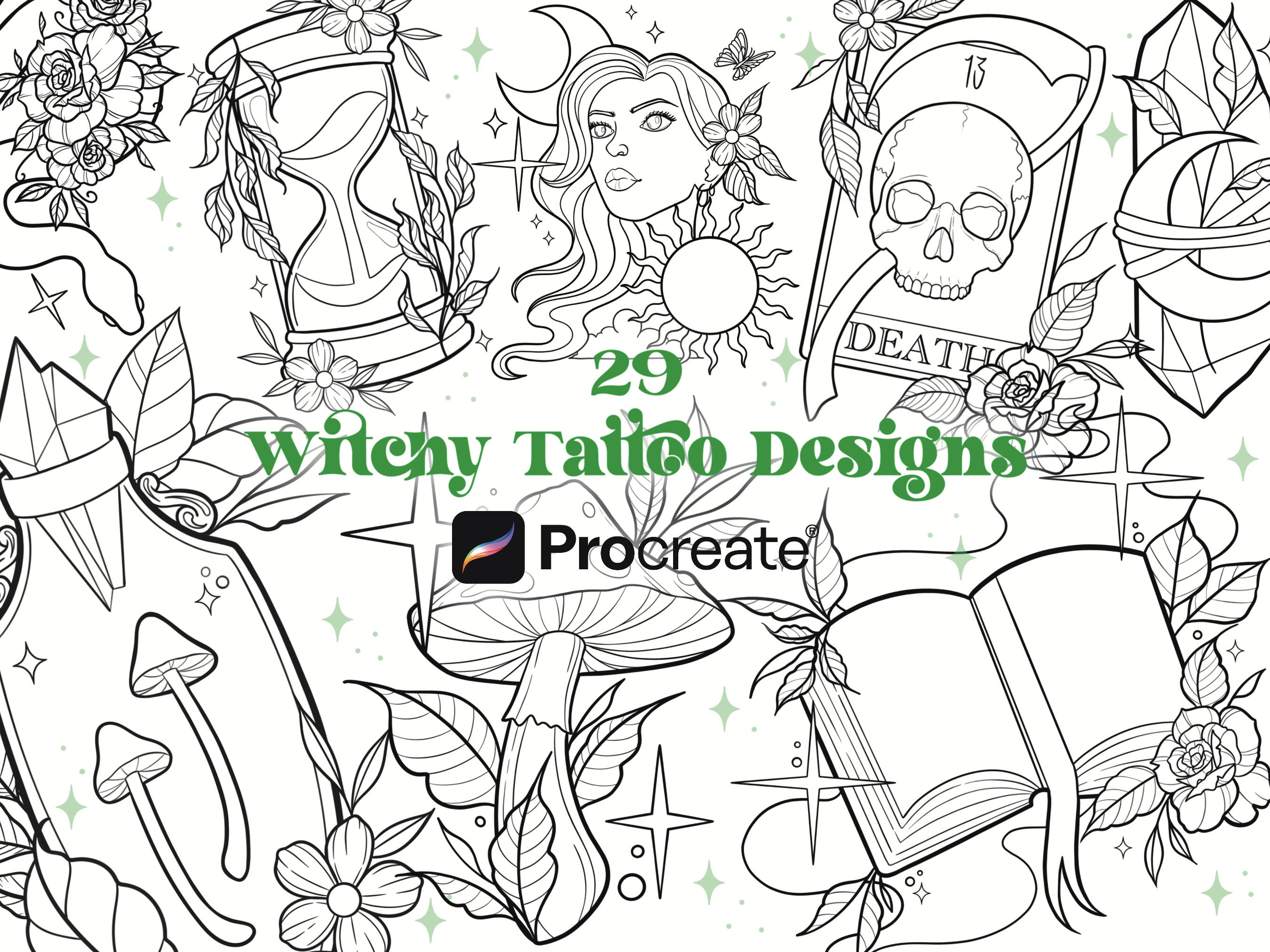 29 Witchy Tattoo Procreate Stamps & Brushes | Celestial Flash, Fine Line Ornamental Designs
