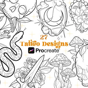 Puede incluir: Diseños de tatuajes en blanco y negro con una calavera, una serpiente, setas, rosas y un diseño floral en forma de corazón. La imagen incluye el texto "27 Tattoo Designs" y el logotipo de Procreate.