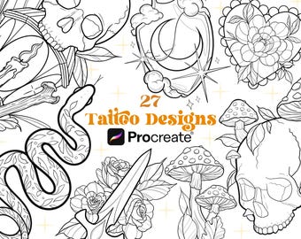 May include: Black and white tattoo designs featuring a skull, snake, mushrooms, roses, and a heart-shaped floral design. The image includes the text "27 Tattoo Designs" and the Procreate logo.