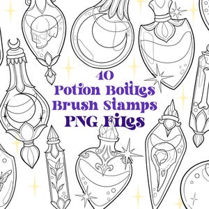 May include: A set of 40 black and white potion bottle brush stamps. The bottles are in various shapes and sizes, with different designs, including skulls, moons, and flowers. The text "40 Potion Bottles Brush Stamps PNG Files" is written in purple letters on a white background.