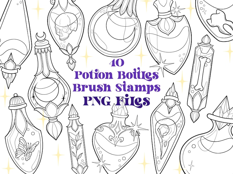 May include: A set of 40 black and white potion bottle brush stamps. The bottles are in various shapes and sizes, with different designs, including skulls, moons, and flowers. The text "40 Potion Bottles Brush Stamps PNG Files" is written in purple letters on a white background.