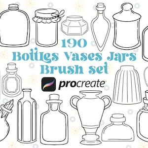 Puede incluir: Un conjunto de 190 pinceles de contorno en blanco y negro para Procreate, con diversas formas de botellas, jarrones y tarros. Los pinceles son perfectos para crear ilustraciones y diseños.