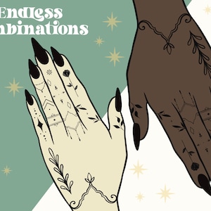 Op de afbeelding: Twee handen met zwarte nagellak en ingewikkelde henna-achtige ontwerpen. De handen zijn tegen een groene en witte achtergrond met gouden sterren. De tekst "Endless combinations" staat bovenaan de afbeelding.