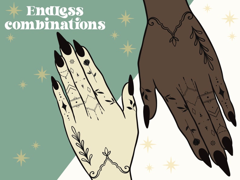 Op de afbeelding: Twee handen met zwarte nagellak en ingewikkelde henna-achtige ontwerpen. De handen zijn tegen een groene en witte achtergrond met gouden sterren. De tekst "Endless combinations" staat bovenaan de afbeelding.