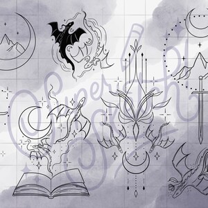 May include: A set of black and white line art illustrations featuring dragons, moons, swords, mountains, and a book. The illustrations are on a light gray background with a grid pattern.