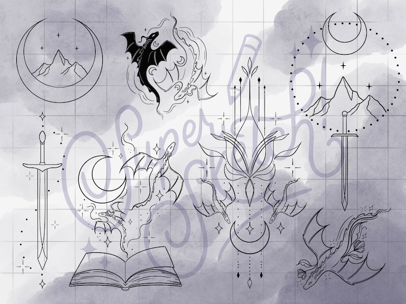 May include: A set of black and white line art illustrations featuring dragons, moons, swords, mountains, and a book. The illustrations are on a light gray background with a grid pattern.
