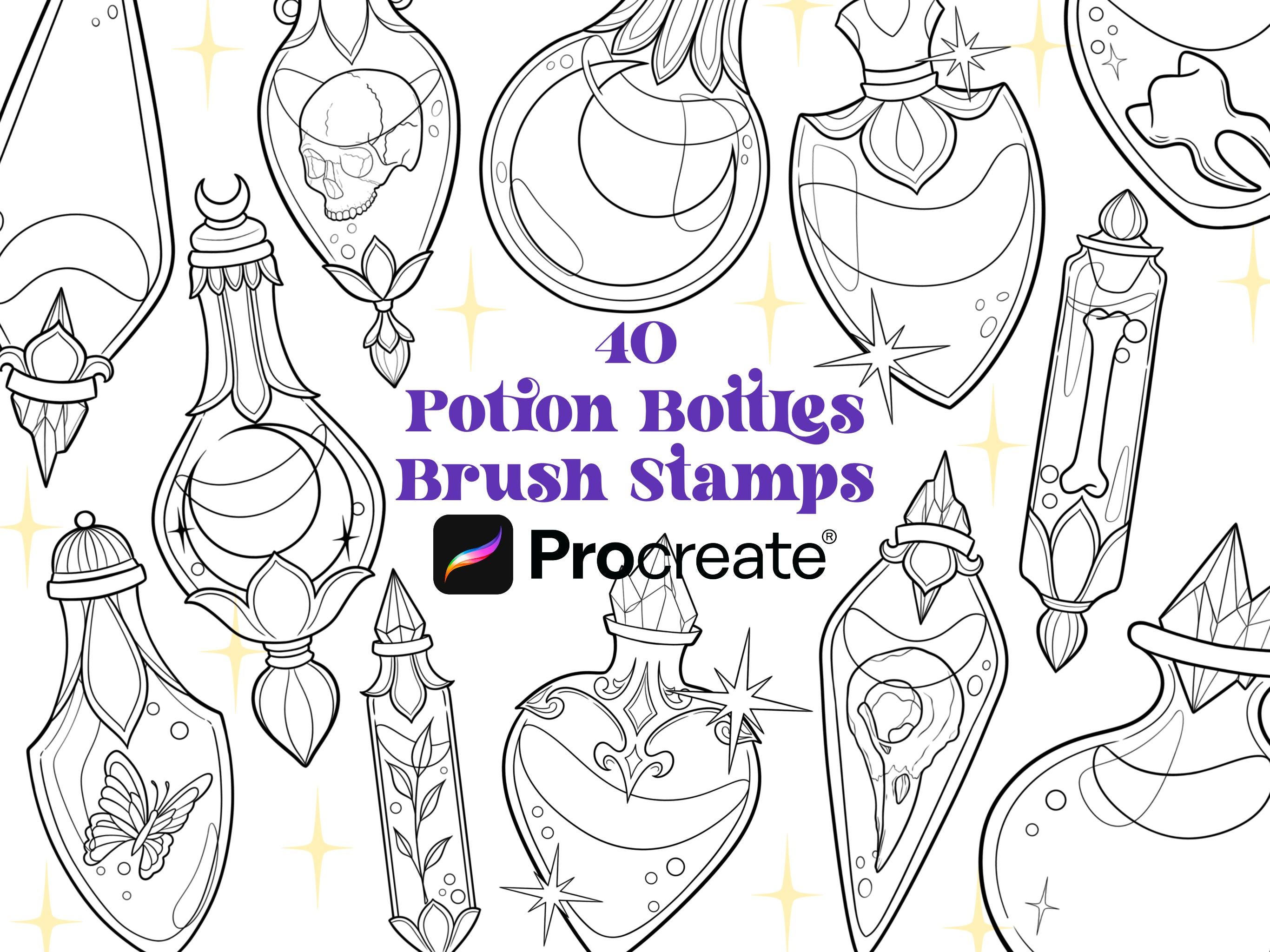40 Potion Bottle Procreate Brushes | Witchy Magic Stamp Set for Tattoos, Stickers & Flash