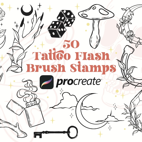 50 Tattoo Flash Brush Stamps | Procreate Brush | Tattoo Procreate Stamps | Tiny Tattoo Stamps | iPad Brush | Magical Tattoos | Witch Tattoo