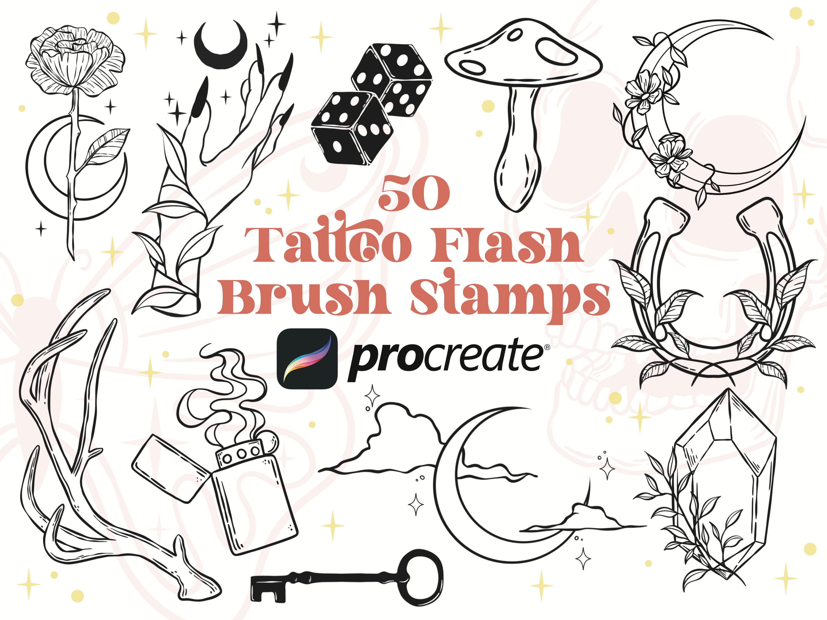50 Tattoo Flash Brush Stamps | Procreate Brush | Tattoo Procreate ...
