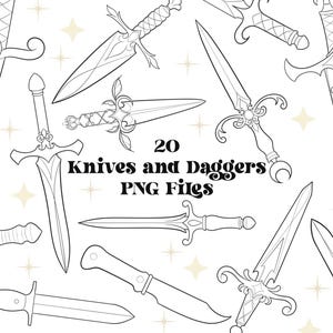 May include: A set of 20 black and white line drawings of knives and daggers. The images are in a variety of styles, including ornate and simple. The text "20 Knives and Daggers PNG Files" is in the center of the image.