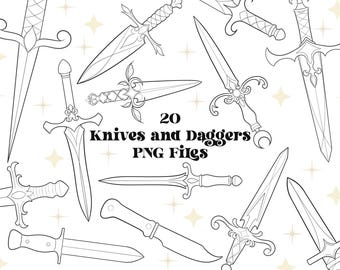 May include: A set of 20 black and white line drawings of knives and daggers. The images are in a variety of styles, including ornate and simple. The text "20 Knives and Daggers PNG Files" is in the center of the image.