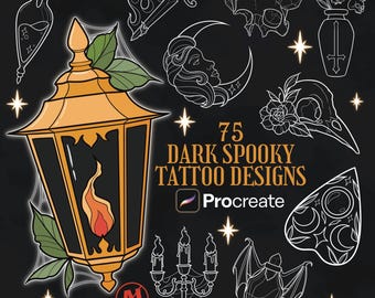 75 Dark Spooky Tattoos Procreate Brush Stamps | Halloween Tattoos Procreate Stamps Goth Tattoo Designs Witch Tattoo Stencil Procreate Brush