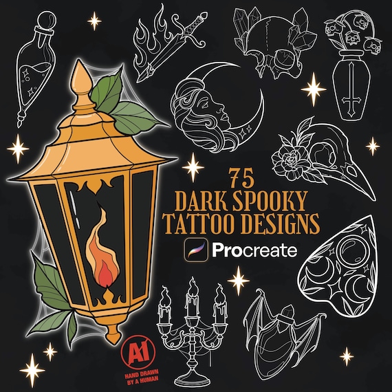 75 Dark Spooky Tattoos Procreate Brush Stamps | Halloween Tattoos Procreate Stamps Goth Tattoo Designs Witch Tattoo Stencil Procreate Brush