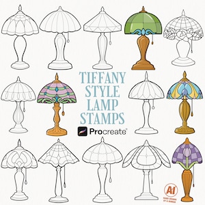 Peut inclure: Une collection de quinze tampons numériques présentant divers modèles de lampes, incluant des dessins au trait noir et blanc et des illustrations en couleur. Le texte indique TIFFANY STYLE LAMP STAMPS et Procreate. Un logo AI Hand Drawn by a Human est visible.